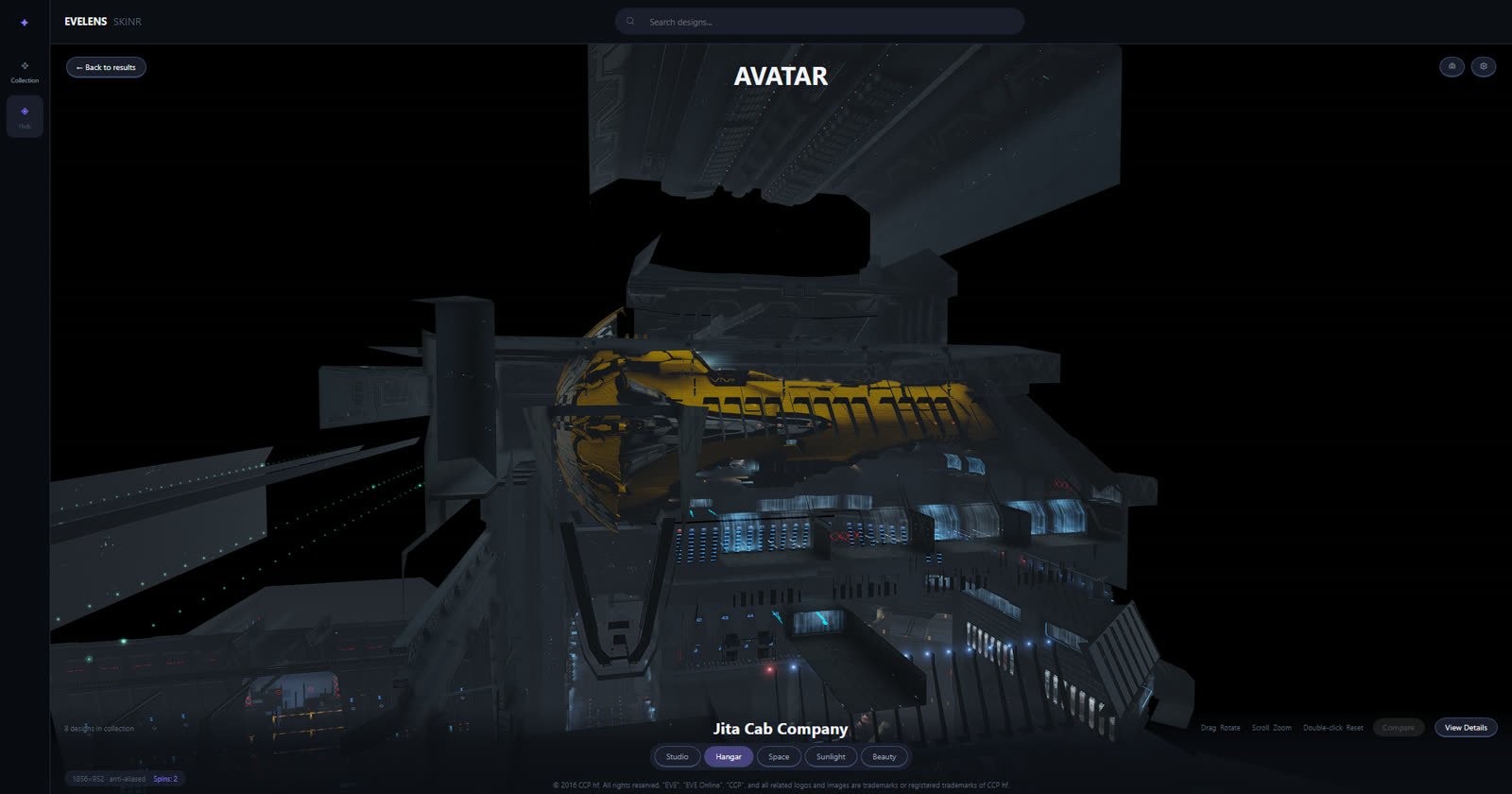 An Avatar wedged into Jita 4-4's hangar bay
