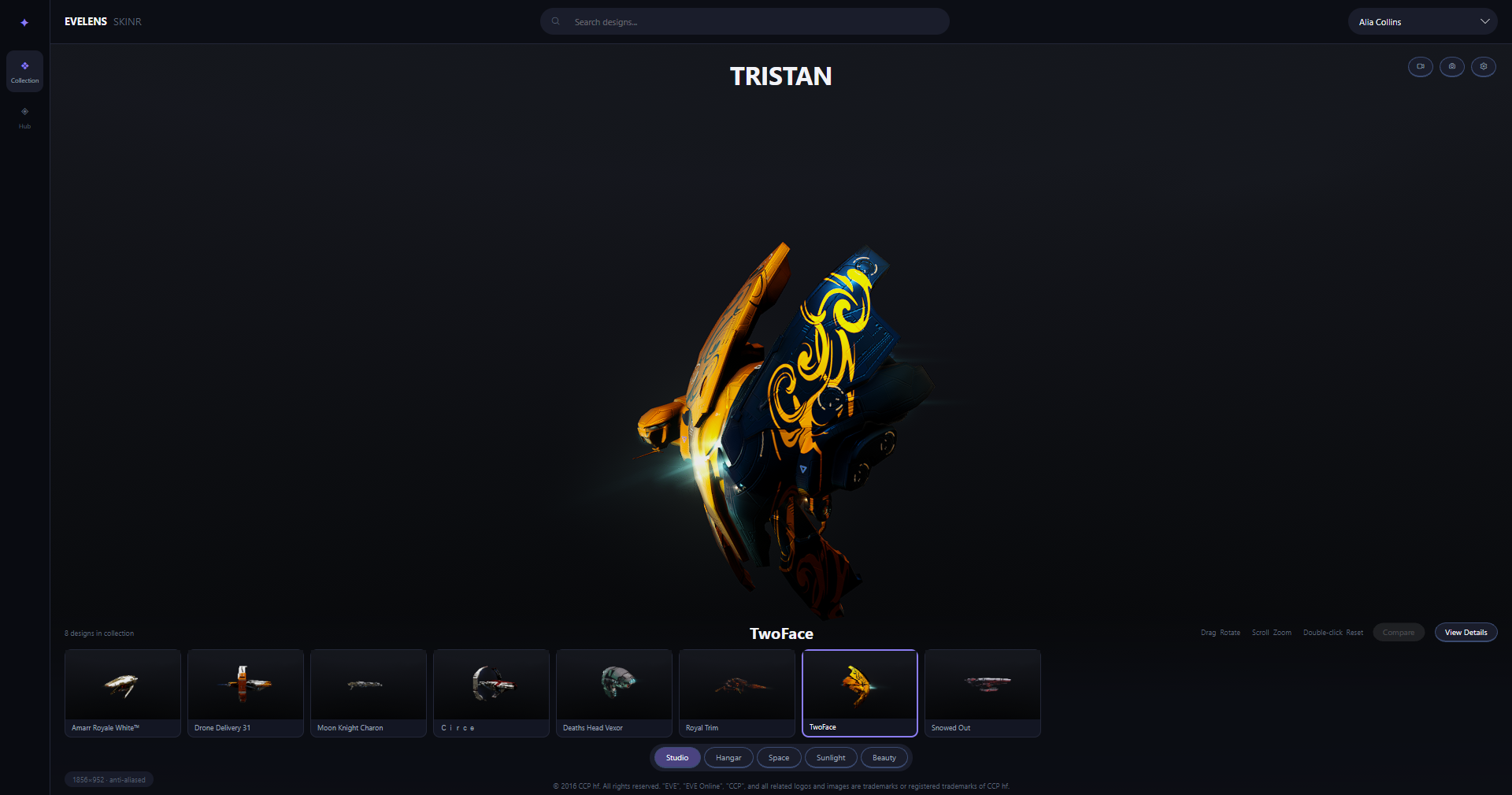 A Tristan wearing a player SKINR design, rendered live in the EveLens studio